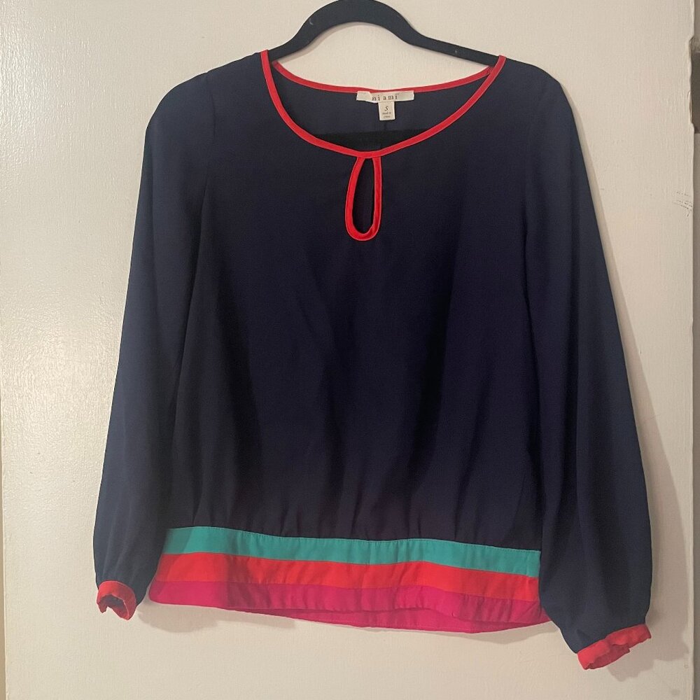 Miami Navy Blue Long Sleeve‎ Blouse Top Keyhole Neckline Colorblock Retro Sz S